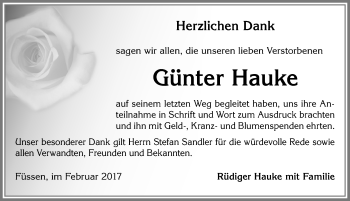 Traueranzeige von Günter Hauke von Allgäuer Zeitung, Füssen
