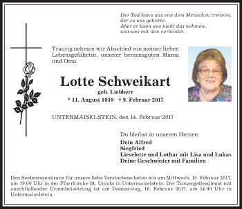 Traueranzeige von Lotte Schweikart von Allgäuer Anzeigeblatt