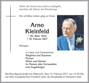 Traueranzeige von Arno Kleinfeld von Allgäuer Zeitung,Kempten