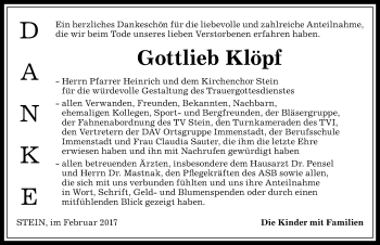 Traueranzeige von Gottlieb Klöpf von Allgäuer Anzeigeblatt