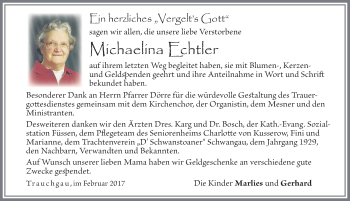 Traueranzeige von Michaelina Echtler von Allgäuer Zeitung, Füssen