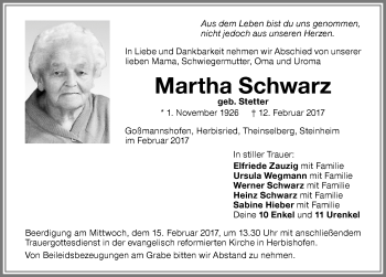 Traueranzeige von Martha Schwarz von Memminger Zeitung