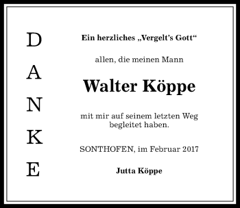 Traueranzeige von Walter Köppe von Allgäuer Anzeigeblatt