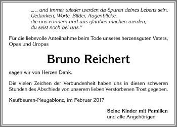 Traueranzeige von Bruno Reichert von Allgäuer Zeitung, Kaufbeuren/Buchloe