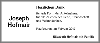 Traueranzeige von Joseph Hofmair von Allgäuer Zeitung, Kaufbeuren/Buchloe