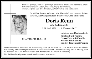 Traueranzeige von Doris Renn von Allgäuer Anzeigeblatt