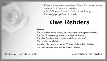 Traueranzeige von Uwe Rehders von Allgäuer Zeitung, Kaufbeuren/Buchloe