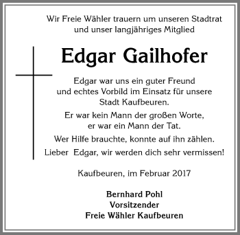 Traueranzeige von Edgar Gailhofer von Allgäuer Zeitung, Kaufbeuren/Buchloe