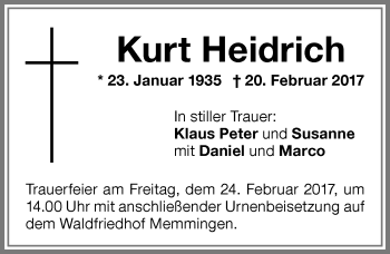 Traueranzeige von Kurt Heidrich von Memminger Zeitung