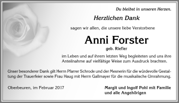 Traueranzeige von Anni Forster von Allgäuer Zeitung, Kaufbeuren/Buchloe