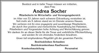 Traueranzeige von Andrea Socher von Allgäuer Zeitung, Kaufbeuren/Buchloe