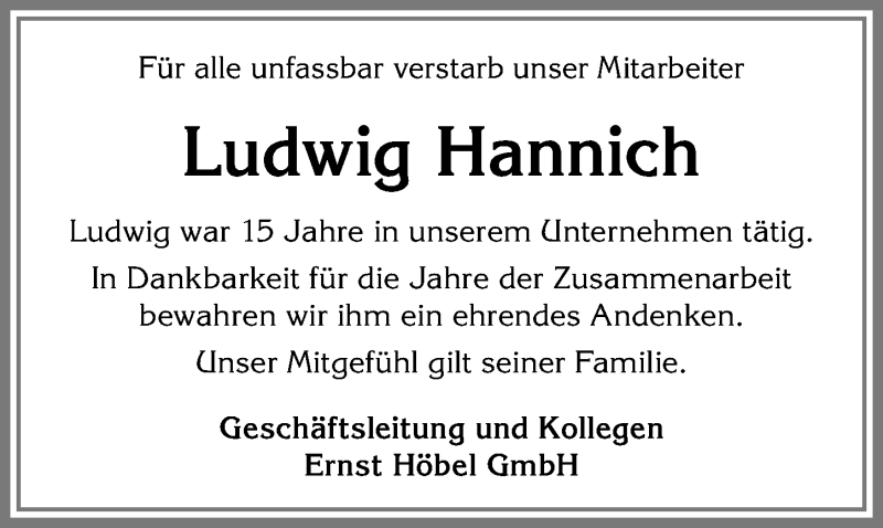  Traueranzeige für Ludwig Hannich vom 01.02.2017 aus Allgäuer Zeitung, Marktoberdorf