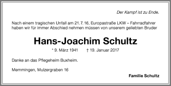 Traueranzeige von Hans-Joachim Schultz von Memminger Zeitung