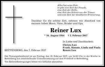 Traueranzeige von Reiner Lux von Allgäuer Anzeigeblatt