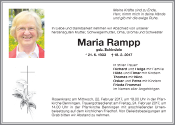 Traueranzeige von Maria Rampp von Memminger Zeitung