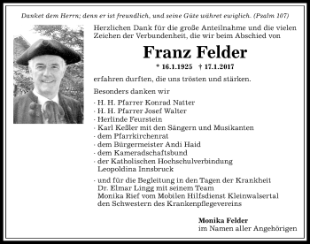 Traueranzeige von Franz Felder von Allgäuer Anzeigeblatt
