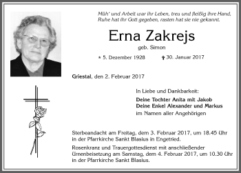 Traueranzeige von Erna Zakrejs von Memminger Zeitung