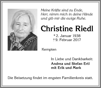 Traueranzeige von Christine Riedl von Allgäuer Zeitung,Kempten