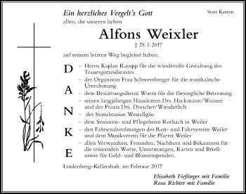 Traueranzeige von Alfons Weixler von Der Westallgäuer