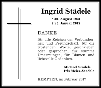 Traueranzeige von Ingrid Städele von Allgäuer Zeitung