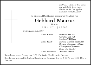 Traueranzeige von Gebhard Maurus von Der Westallgäuer