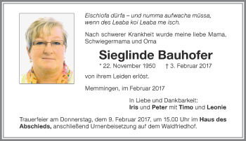 Traueranzeige von Sieglinde Bauhofer von Memminger Zeitung