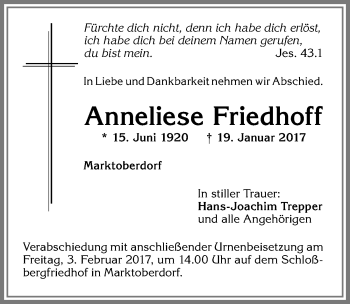 Traueranzeige von Anneliese Friedhoff von Allgäuer Zeitung, Marktoberdorf