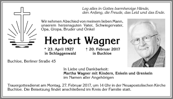 Traueranzeige von Herbert Wagner von Allgäuer Zeitung, Kaufbeuren/Buchloe
