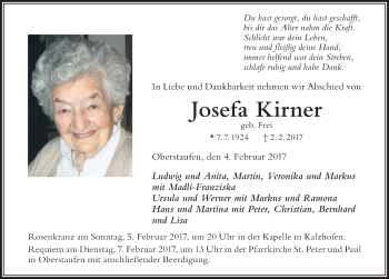 Traueranzeige von Josefa Kirner von Der Westallgäuer