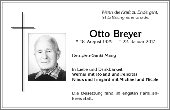Traueranzeige von Otto Breyer von Allgäuer Zeitung,Kempten