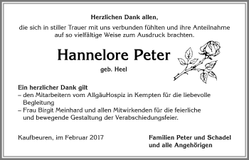 Traueranzeige von Hannelore Peter von Allgäuer Zeitung