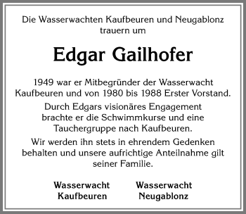 Traueranzeige von Edgar Gailhofer von Allgäuer Zeitung, Kaufbeuren/Buchloe