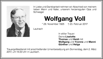 Traueranzeige von Wolfgang Voll von Memminger Zeitung