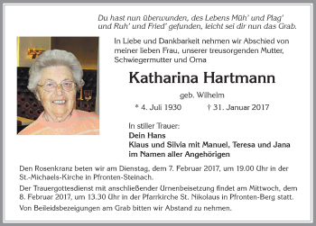 Traueranzeige von Katharina Hartmann von Allgäuer Zeitung, Füssen
