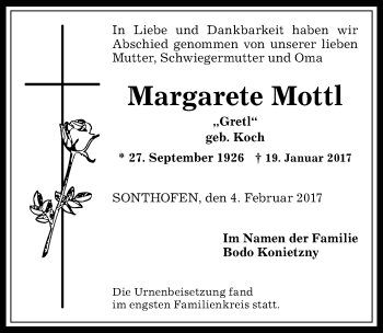 Traueranzeige von Margarete Mottl von Allgäuer Anzeigeblatt