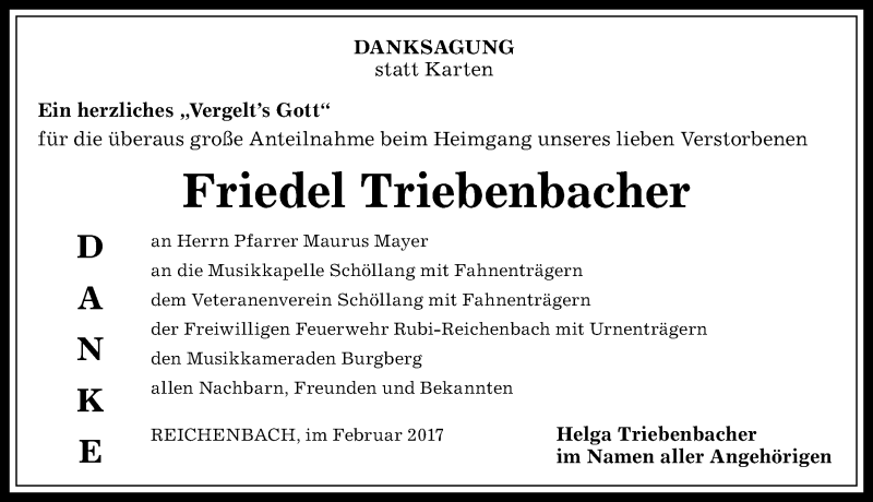  Traueranzeige für Friedel Triebenbacher vom 18.02.2017 aus Allgäuer Anzeigeblatt