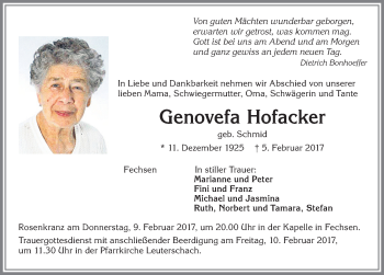 Traueranzeige von Genovefa Hofacker von Allgäuer Zeitung, Marktoberdorf