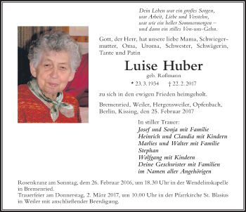 Traueranzeige von Luise Huber von Der Westallgäuer