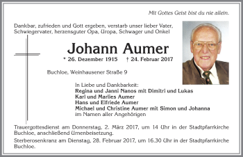Traueranzeige von Johann Aumer von Allgäuer Zeitung, Kaufbeuren/Buchloe
