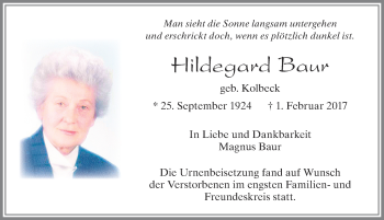 Traueranzeige von Hildegard Baur von Allgäuer Zeitung, Füssen
