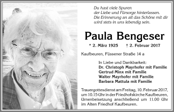 Traueranzeige von Paula Bengeser von Allgäuer Zeitung, Kaufbeuren/Buchloe