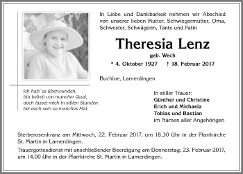 Traueranzeige von Theresia Lenz von Allgäuer Zeitung, Kaufbeuren/Buchloe