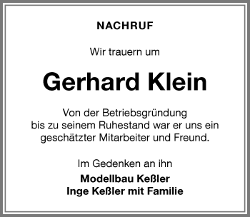 Traueranzeige von Gerhard Klein von Memminger Zeitung