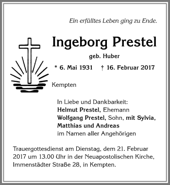 Traueranzeige von Ingeborg Prestel von Allgäuer Zeitung,Kempten