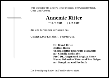 Traueranzeige von Annemie Ritter von Allgäuer Anzeigeblatt