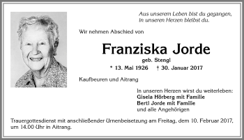 Traueranzeige von Franziska Jorde von Allgäuer Zeitung