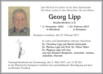 Traueranzeige von Georg Lipp von Allgäuer Zeitung