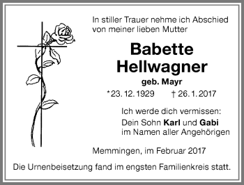 Traueranzeige von Babette Hellwagner von Memminger Zeitung