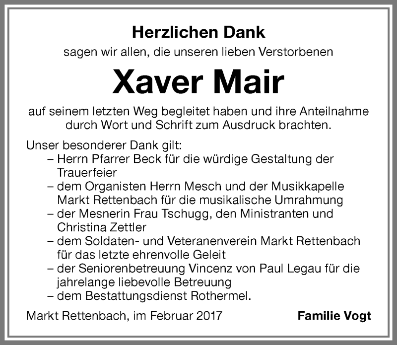  Traueranzeige für Xaver Mair vom 23.02.2017 aus Memminger Zeitung