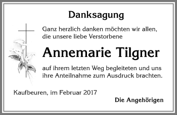 Traueranzeige von Annemarie Tilgner von Allgäuer Zeitung, Kaufbeuren/Buchloe
